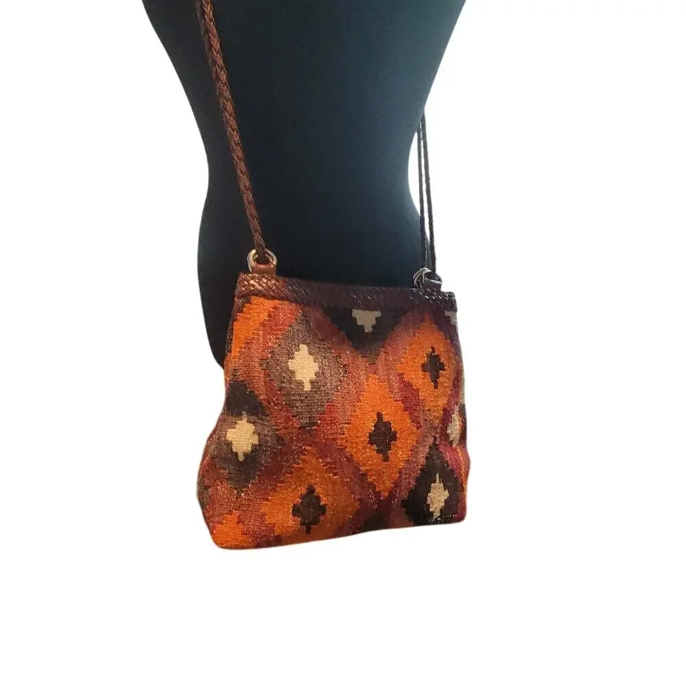 Vintage J Simone Crossbody Handbag 70s MCM Woven Kilim Double Strap Brown Orange